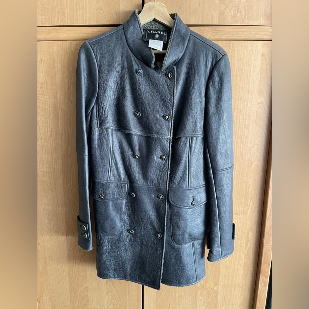 Chanel VINTAGE Grey Slate Shearling Lambswool Leather  JACKET MSRP $12K
